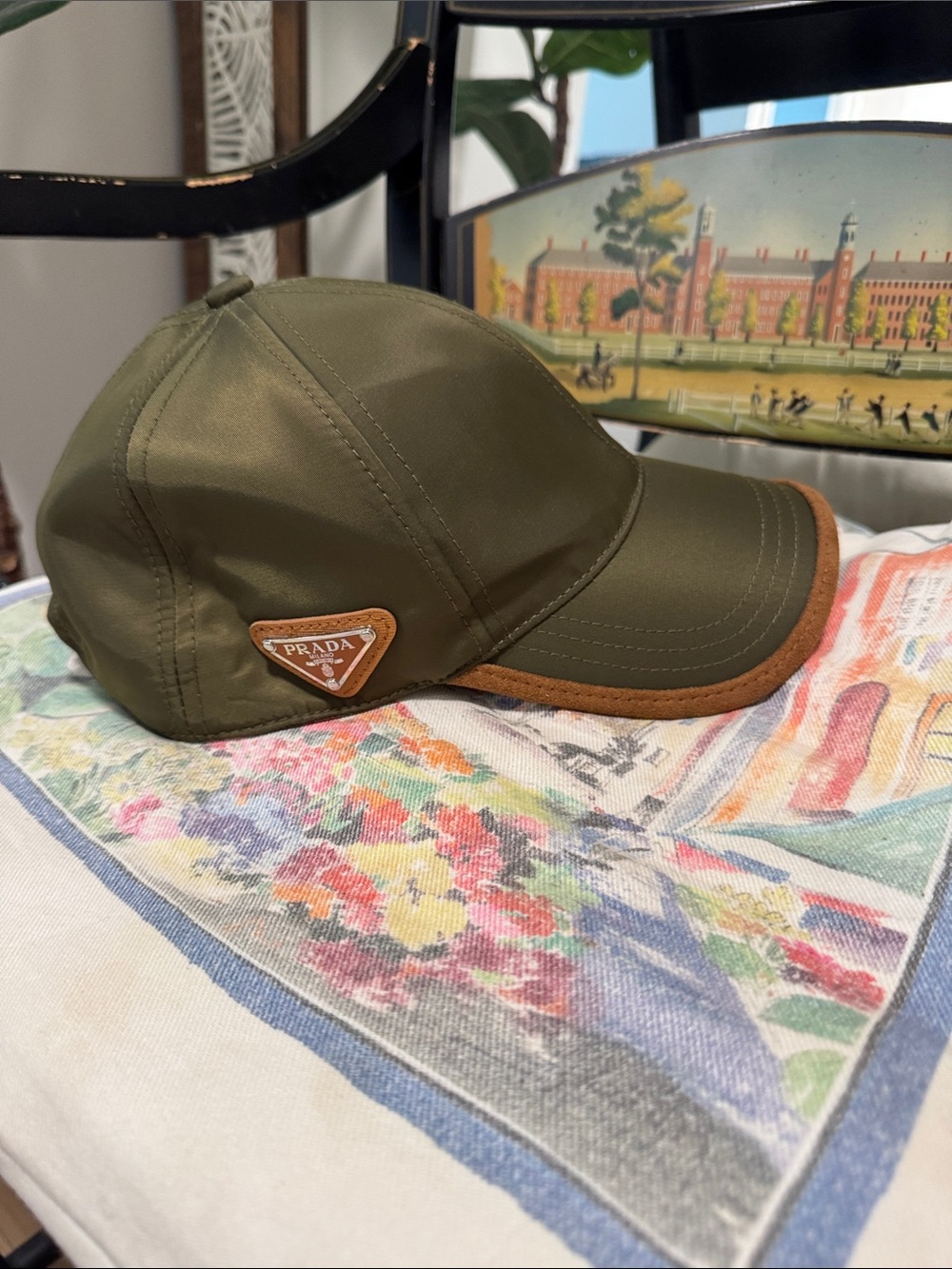 Prada Olive Nylon Baseball Cap with Brown Trim